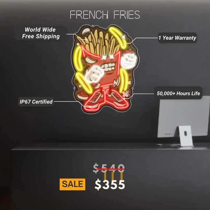 French Fries Cartoon UV Light | Neon Art & Easy Install