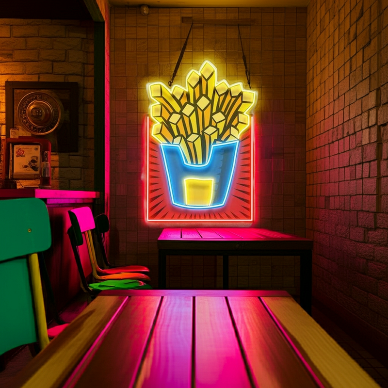 French Fries UV Art LED Neon Sign by Neon.Shop. Perfect for kitchens, bedrooms, studios, or creative décor.