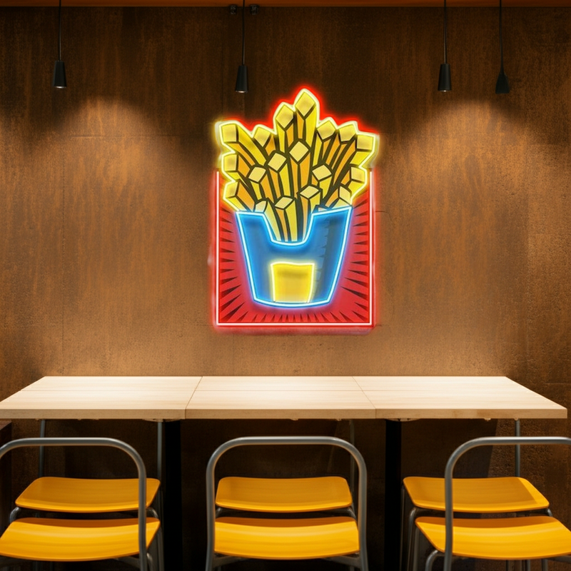 French Fries UV Art LED Neon Sign by Neon.Shop. Perfect for kitchens, bedrooms, studios, or creative décor.