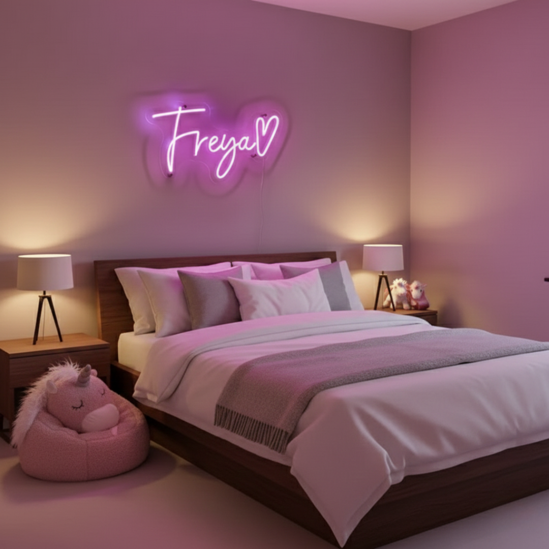Freya Name LED Neon Sign in customizable LED tubing, personalized wall-mounted name light décor by Neon.Shop for bedrooms, events, and gifts.