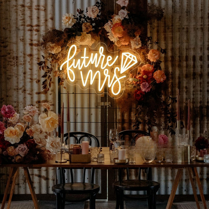 Future Mrs wedding LED neon sign glowing on bridal shower backdrop – Neon.Shop