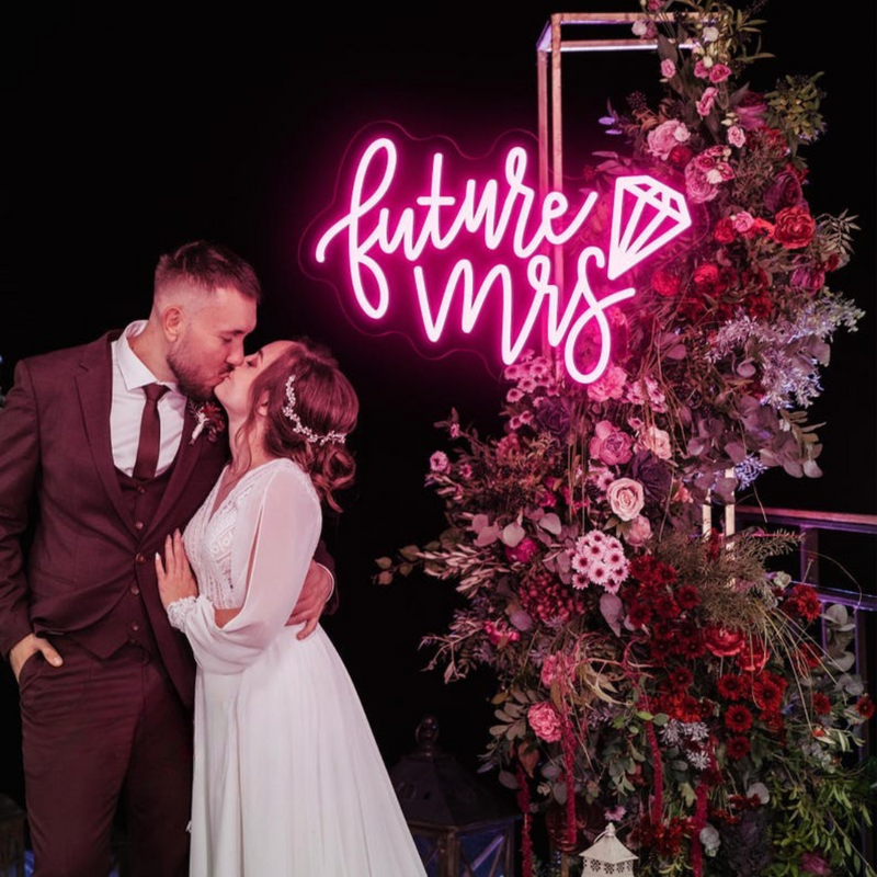 Future Mrs wedding LED neon sign glowing on bridal shower backdrop – Neon.Shop