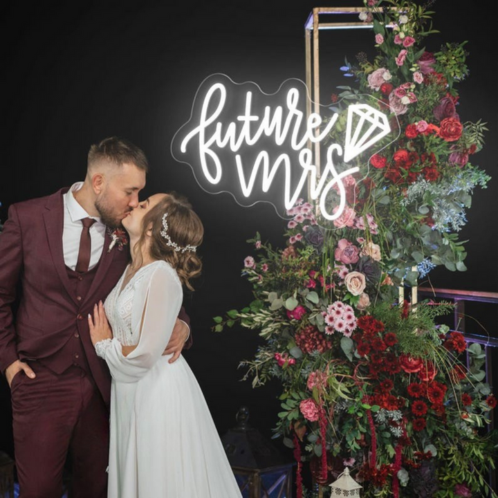 Future Mrs wedding LED neon sign glowing on bridal shower backdrop – Neon.Shop