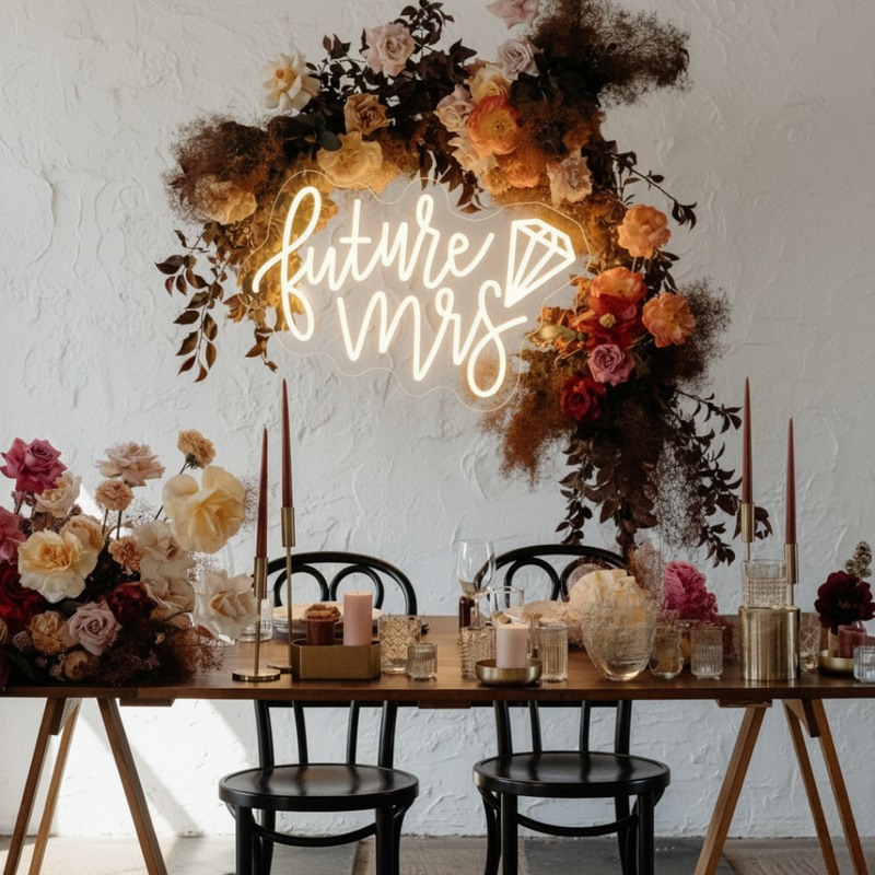 Future Mrs wedding LED neon sign glowing on bridal shower backdrop – Neon.Shop