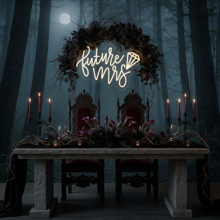 Future Mrs wedding LED neon sign glowing on bridal shower backdrop – Neon.Shop