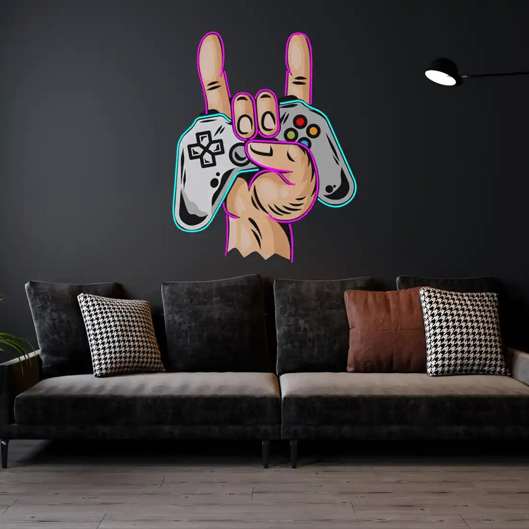Game Hands UV Art LED Neon Sign in pink and blue colour by manhattanneons.com