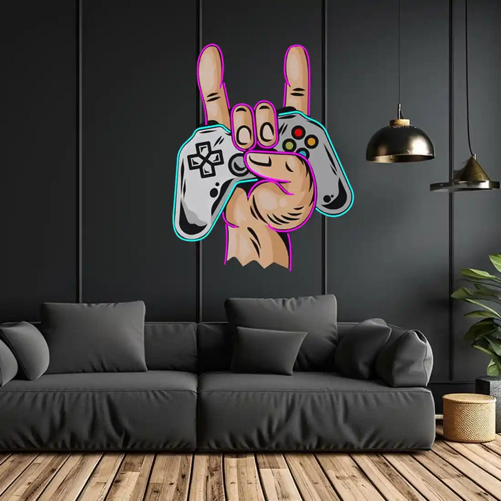 Game Hands UV Art LED Neon Sign in pink and blue colour by manhattanneons.com