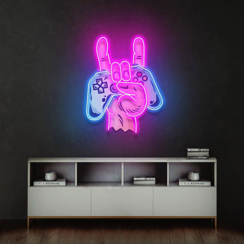 Game Hands UV Art LED neon sign glowing on gaming room wall by Neon.Shop