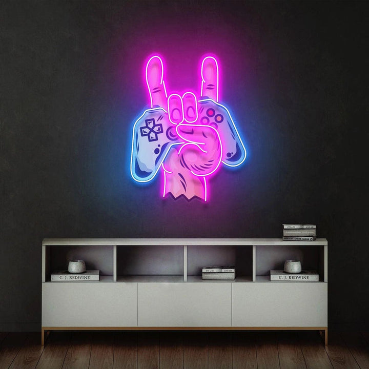 Game Hands UV Art LED neon sign glowing on gaming room wall by Neon.Shop