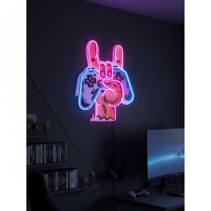 Game Hands UV Art LED neon sign glowing on gaming room wall by Neon.Shop