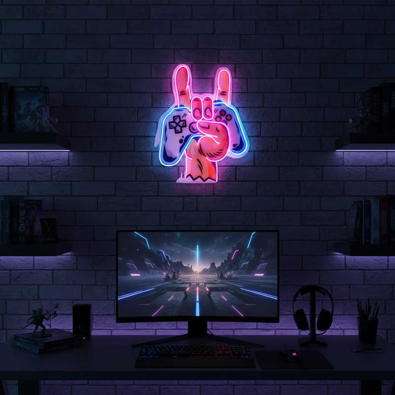Game Hands UV Art LED neon sign glowing on gaming room wall by Neon.Shop