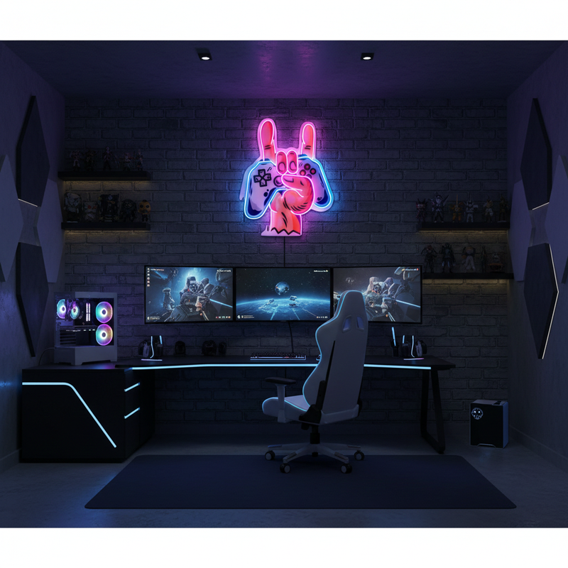 Game Hands UV Art LED neon sign glowing on gaming room wall by Neon.Shop