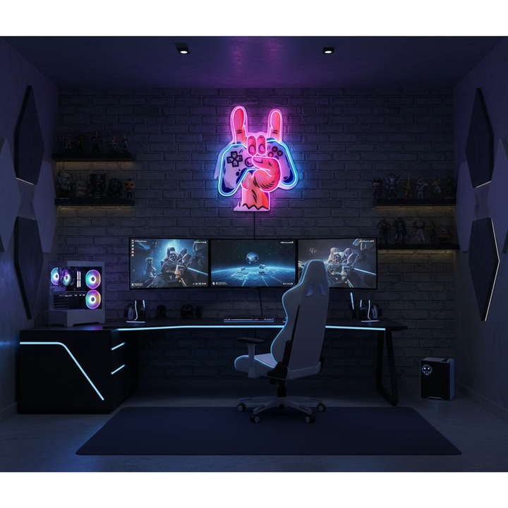 Game Hands UV Art LED neon sign glowing on gaming room wall by Neon.Shop