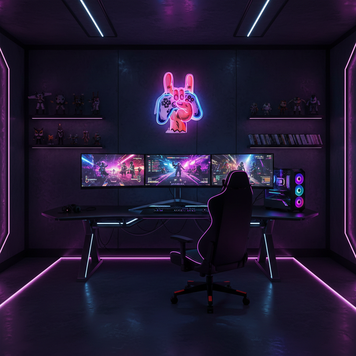 Game Hands UV Art LED neon sign glowing on gaming room wall by Neon.Shop