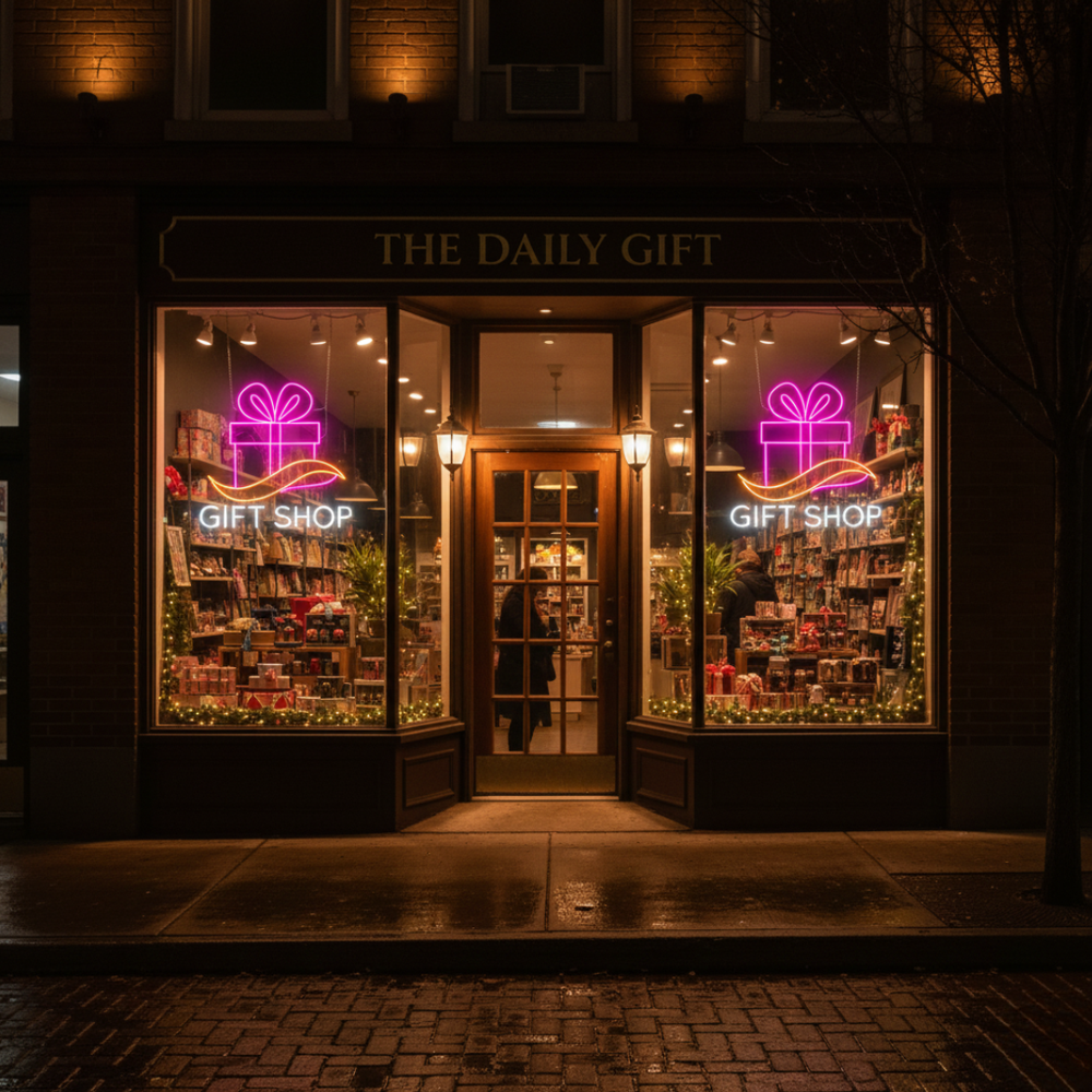 Gift Shop Business Neon Sign by Neon.Shop, bright LED neon for storefronts, perfect for attracting customers and enhancing visibility day and night.