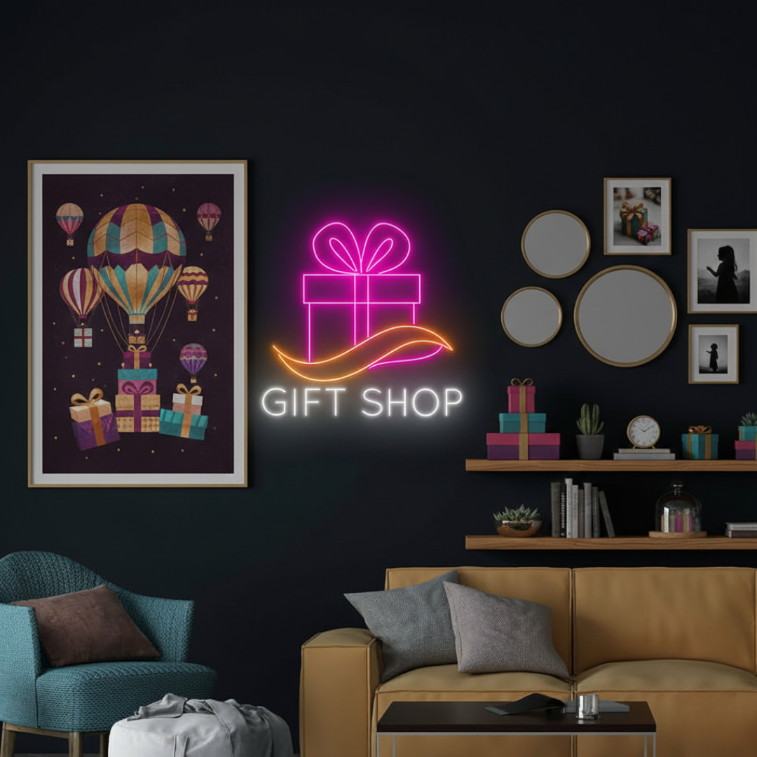 Gift Shop Business Neon Sign by Neon.Shop, bright LED neon for storefronts, perfect for attracting customers and enhancing visibility day and night.
