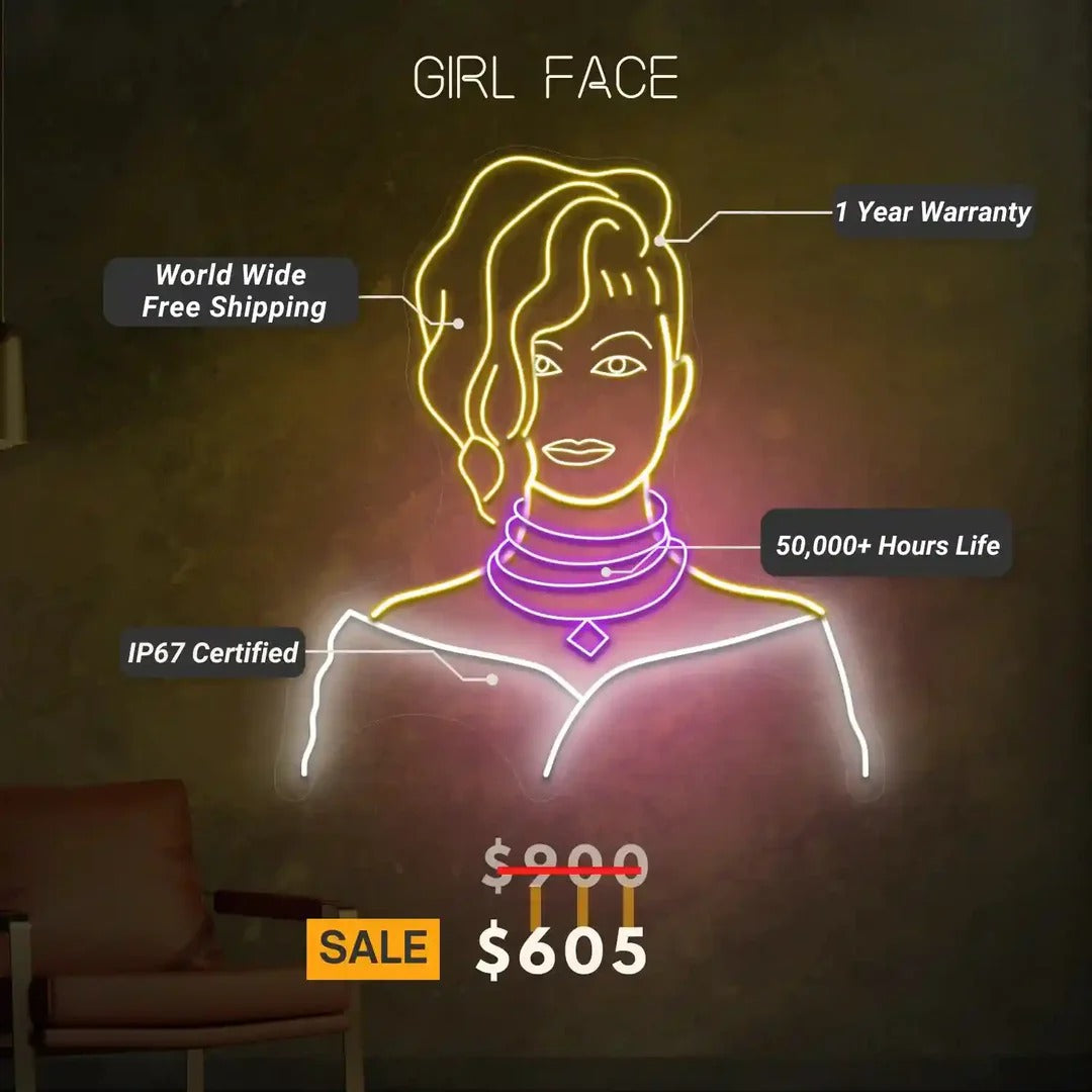 Girl Face UV Light | Neon Art for Modern Decor