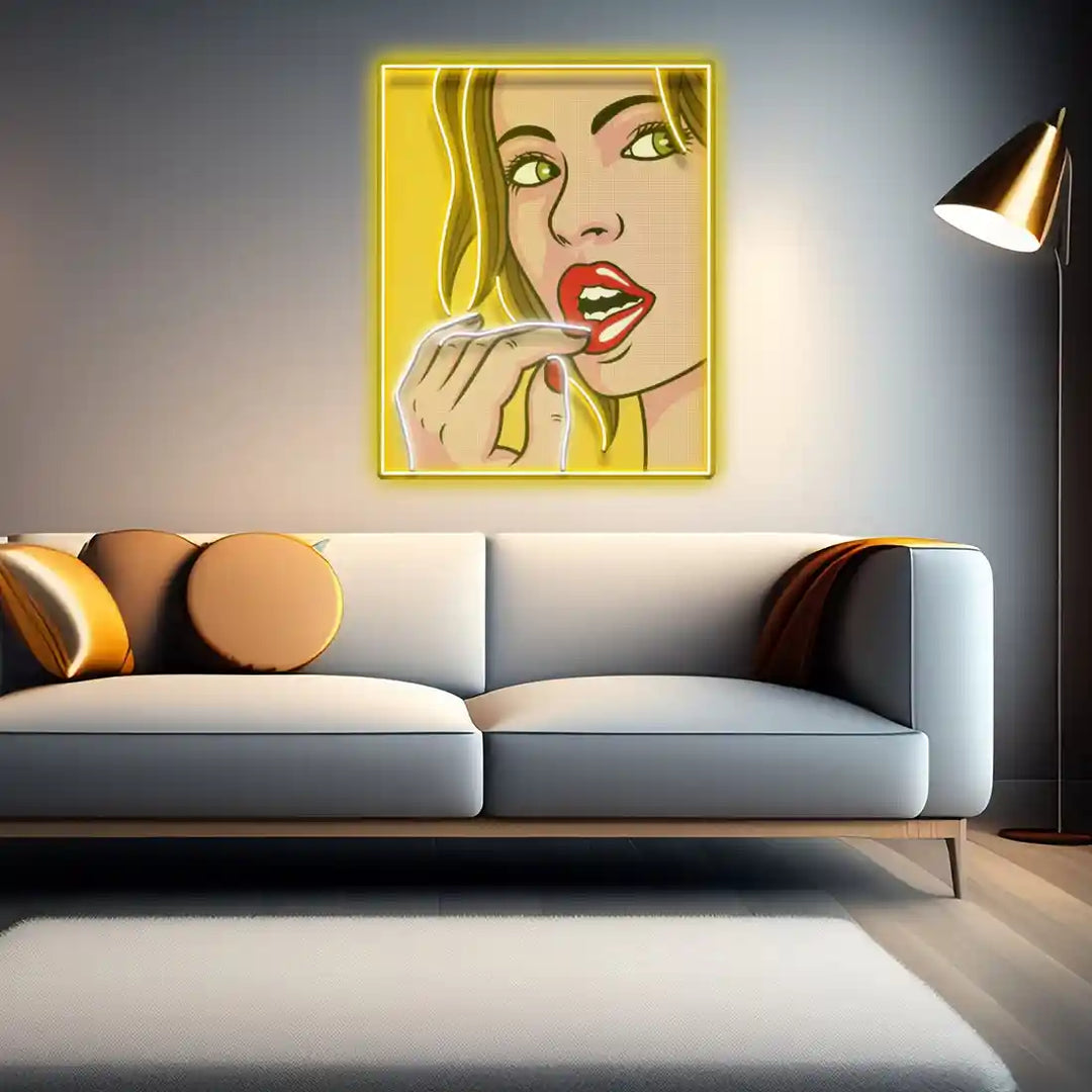 Girl Facial Expression UV Art LED Neon Sign in golden colour and a girl by manhattanneons.com
