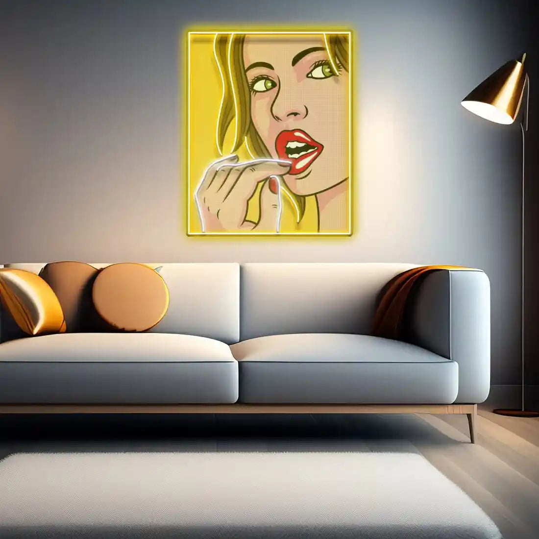 Girl Facial Expression UV Art LED Neon Sign in golden colour and a girl by manhattanneons.com