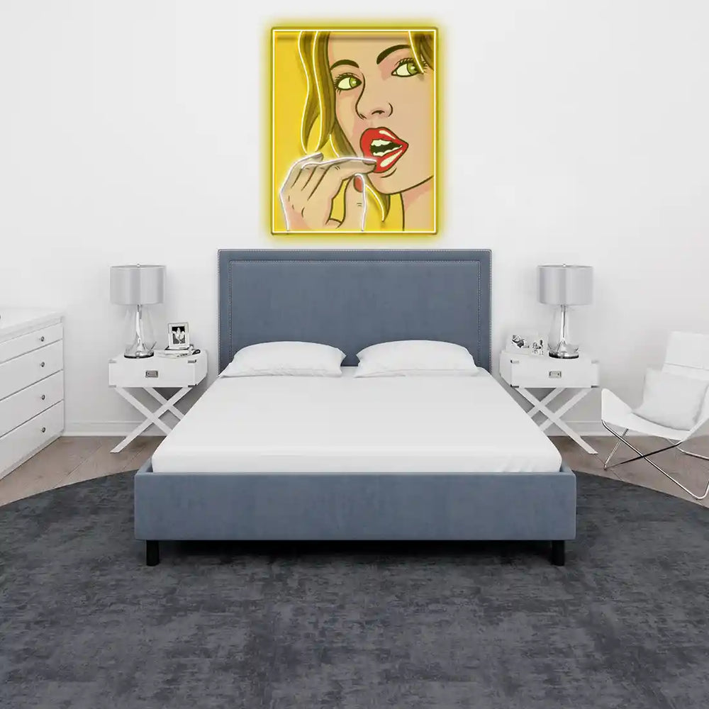 Girl Facial Expression UV Art LED Neon Sign in golden colour and a girl by manhattanneons.com