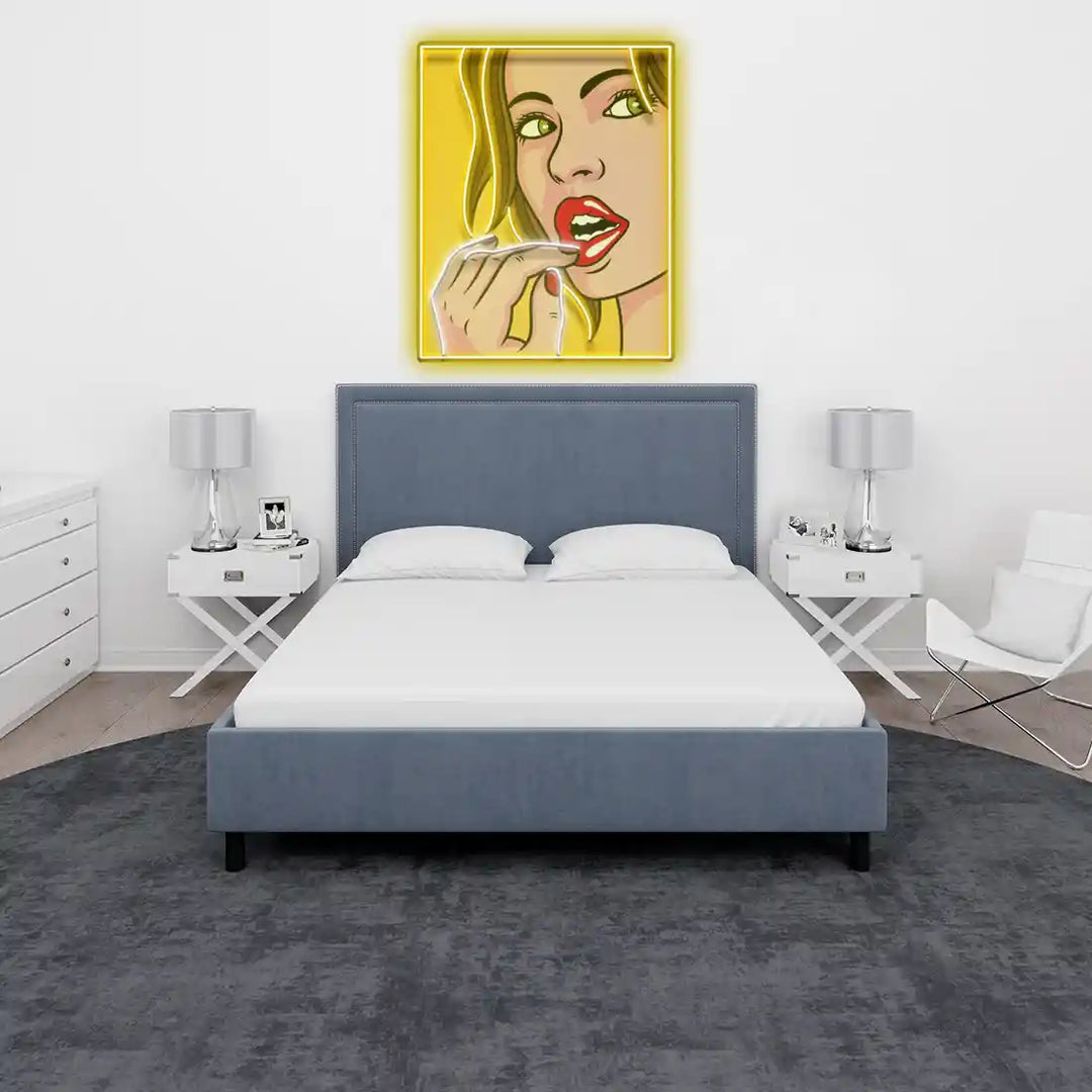 Girl Facial Expression UV Art LED Neon Sign in golden colour and a girl by manhattanneons.com