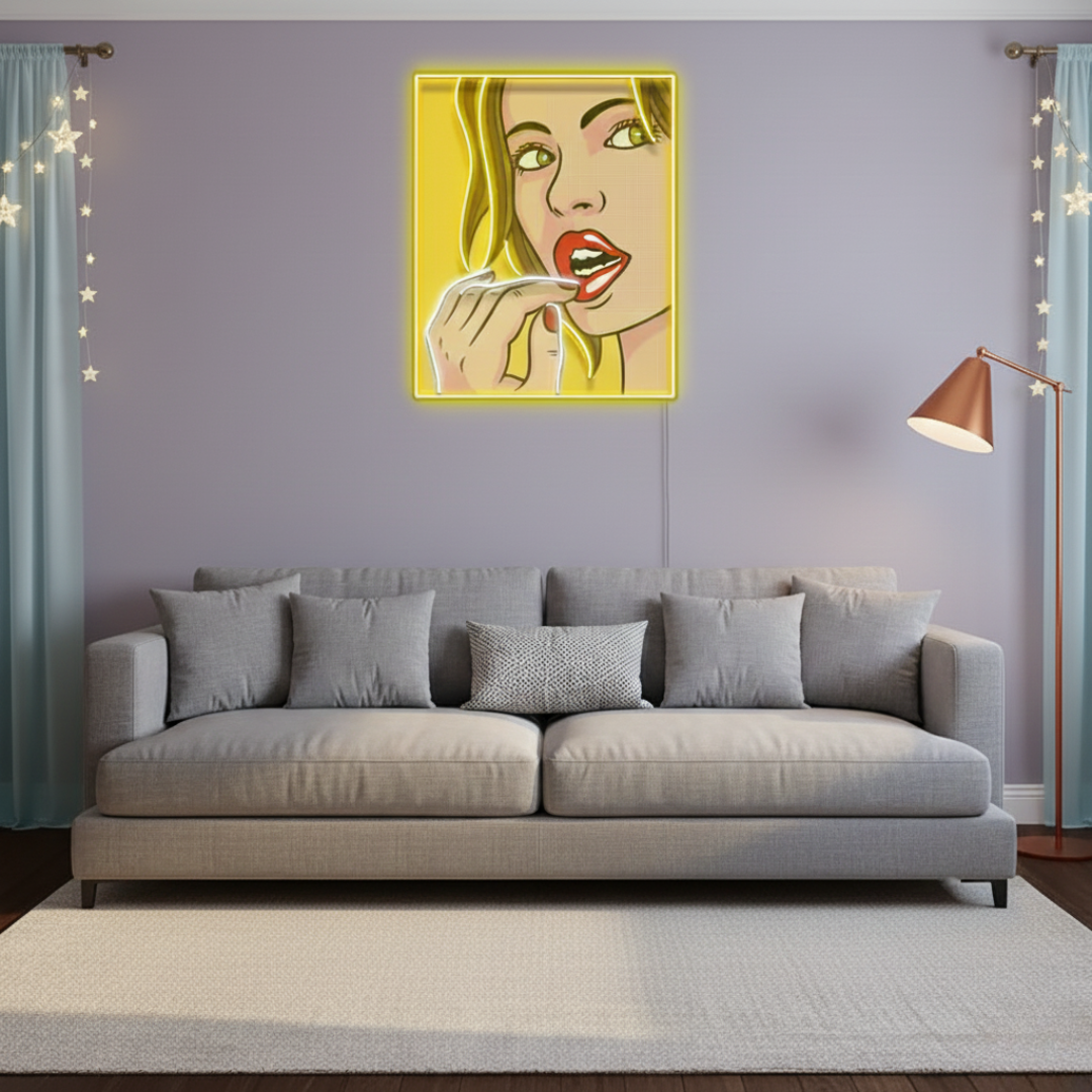 Girl facial expression UV art LED neon sign glowing wall décor by Neon.Shop
