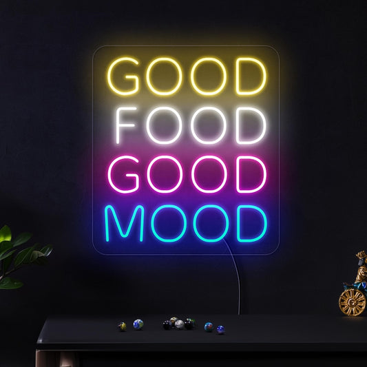 Good Food Good Mood LED neon sign by Neon.Shop glowing in a kitchen or dining area as fun, inspirational neon wall décor