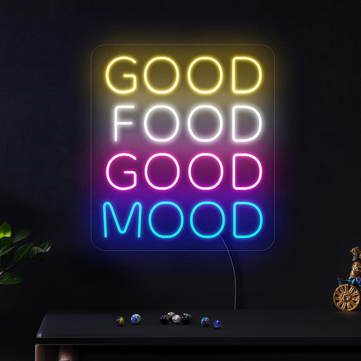 Good Food Good Mood LED neon sign by Neon.Shop glowing in a kitchen or dining area as fun, inspirational neon wall décor
