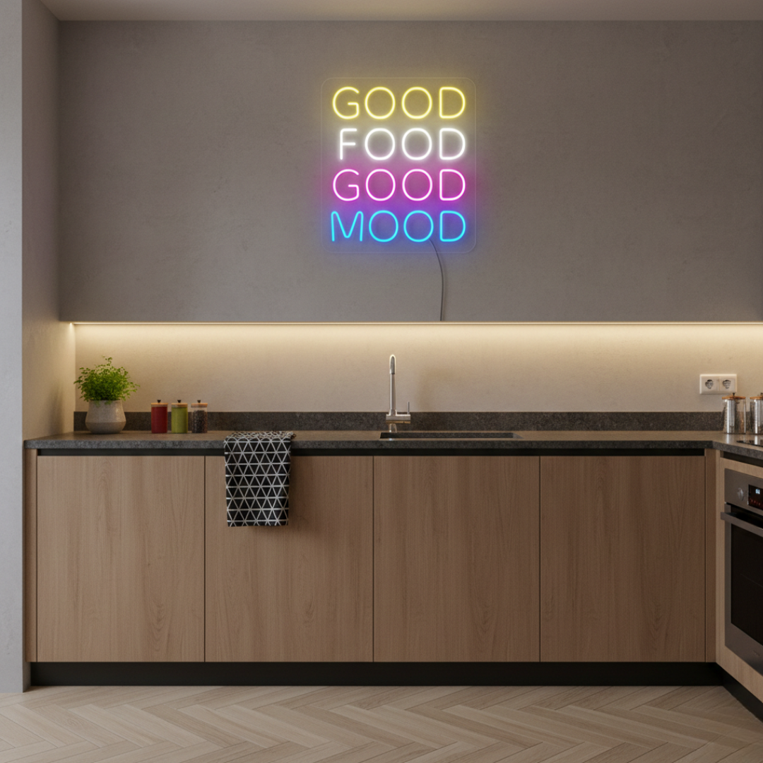 Good Food Good Mood LED neon sign by Neon.Shop glowing in a kitchen or dining area as fun, inspirational neon wall décor