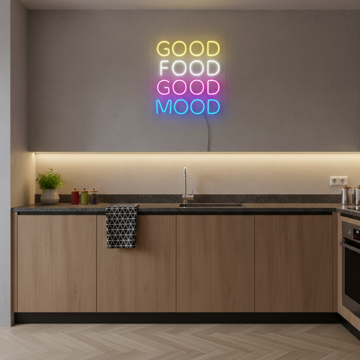Good Food Good Mood LED neon sign by Neon.Shop glowing in a kitchen or dining area as fun, inspirational neon wall décor