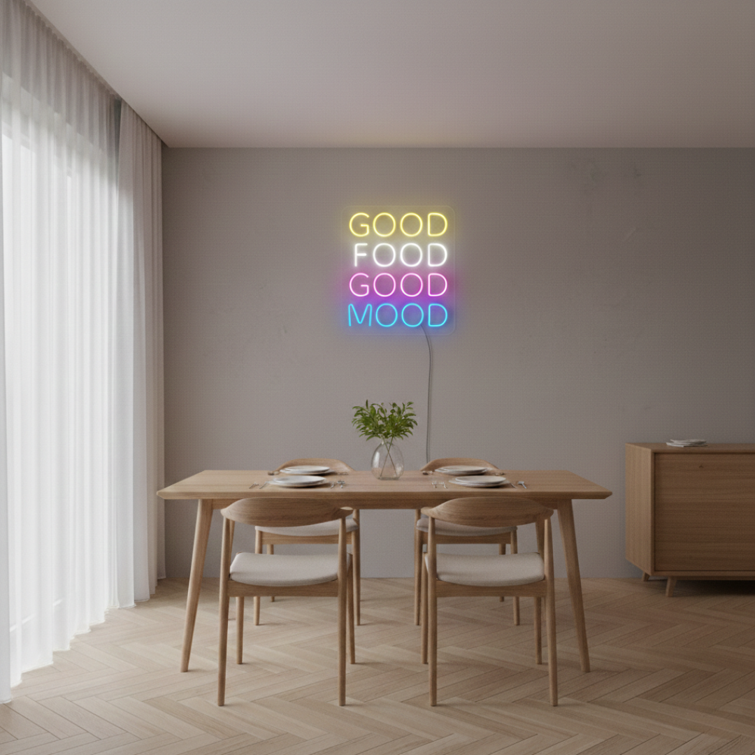 Good Food Good Mood LED neon sign by Neon.Shop glowing in a kitchen or dining area as fun, inspirational neon wall décor