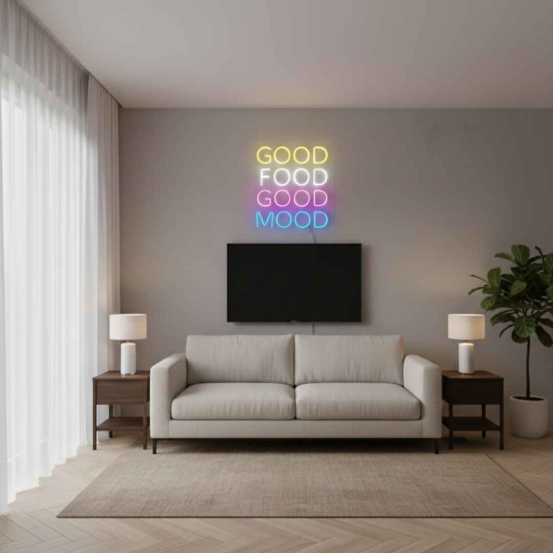 Good Food Good Mood LED neon sign by Neon.Shop glowing in a kitchen or dining area as fun, inspirational neon wall décor