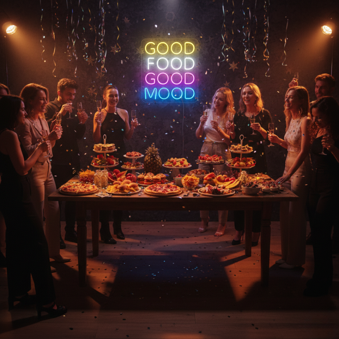 Good Food Good Mood LED neon sign by Neon.Shop glowing in a kitchen or dining area as fun, inspirational neon wall décor