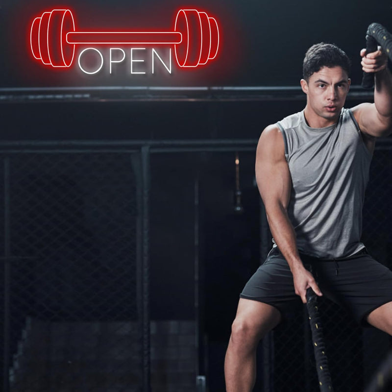 Gym Open LED Neon Sign by Neon.Shop enhancing visibility and style for fitness centers