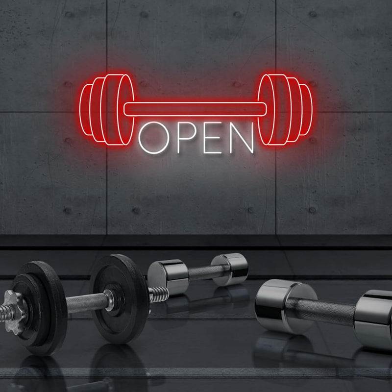 Gym Open LED Neon Sign by Neon.Shop enhancing visibility and style for fitness centers