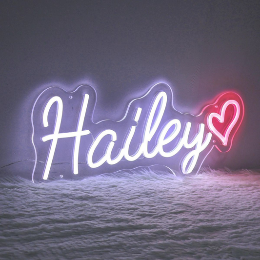 Hailey Name LED Neon Sign in customizable LED tubing, personalized wall-mounted name light décor by Neon.Shop for bedrooms, events, and gifts