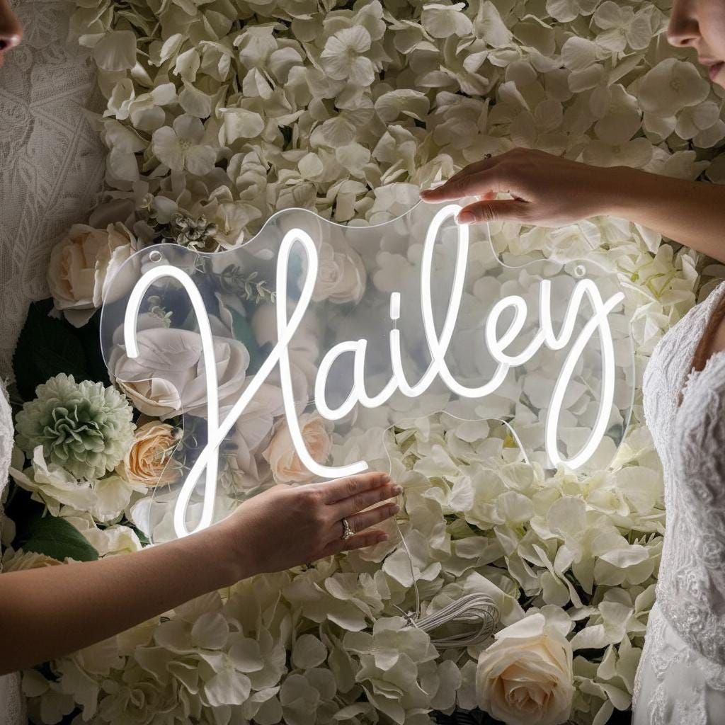 Hailey Name LED Neon Sign in customizable LED tubing, personalized wall-mounted name light décor by Neon.Shop for bedrooms, events, and gifts