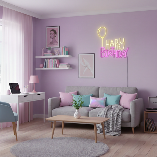 Happy Birthday LED neon sign by Neon.Shop glowing on a wall as bright and festive birthday party décor