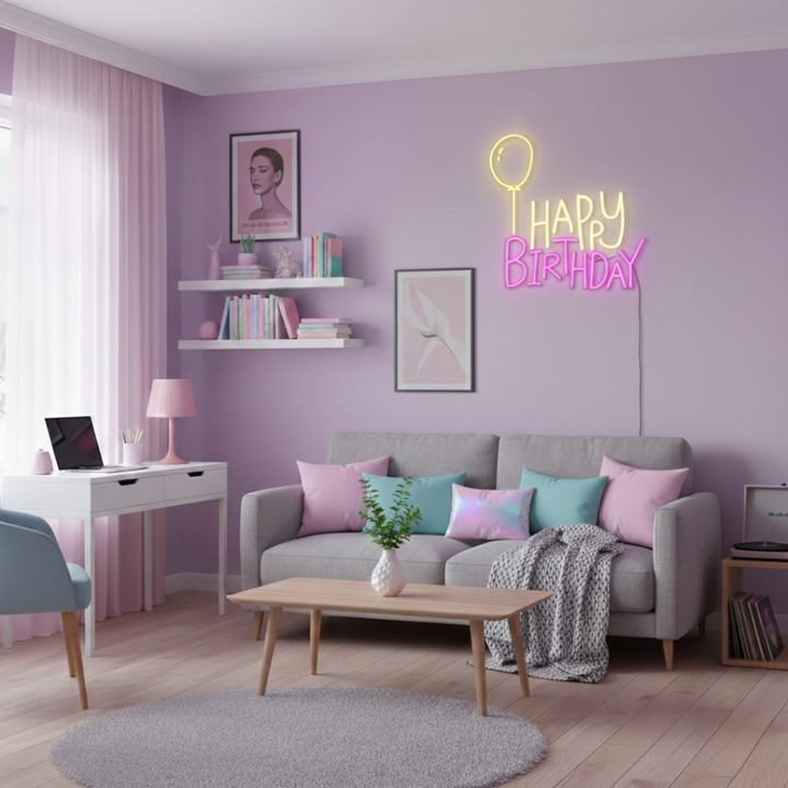 Happy Birthday LED neon sign by Neon.Shop glowing on a wall as bright and festive birthday party décor