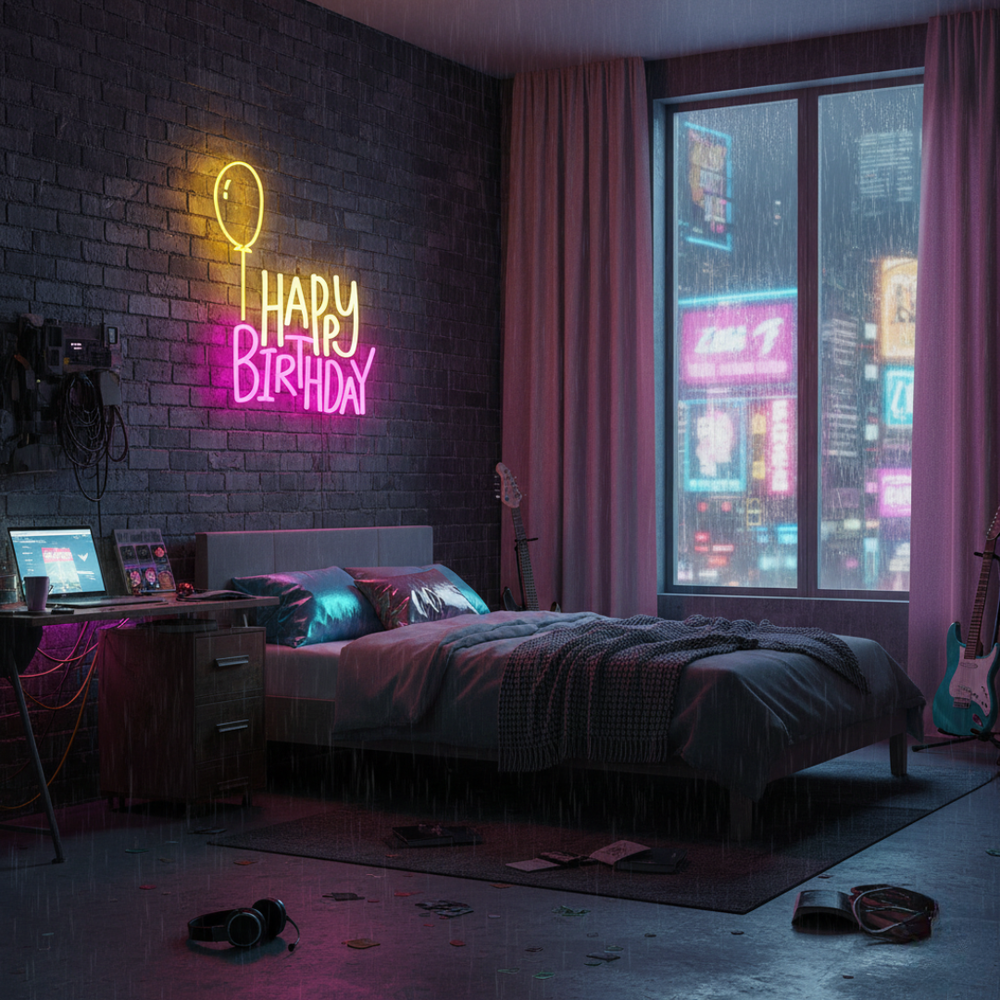 Happy Birthday LED neon sign by Neon.Shop glowing on a wall as bright and festive birthday party décor