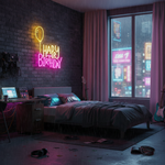 Happy Birthday LED neon sign by Neon.Shop glowing on a wall as bright and festive birthday party décor