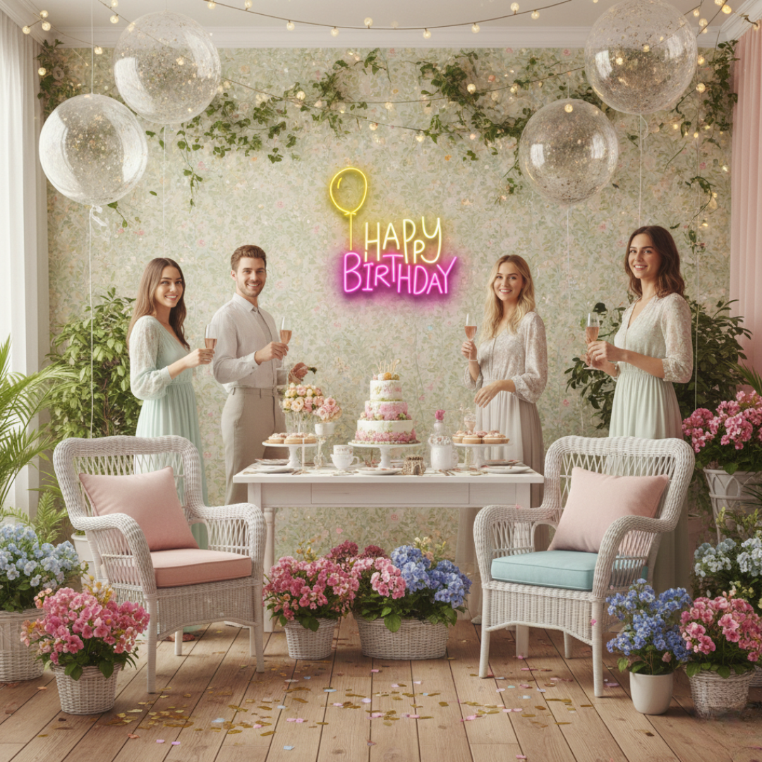 Happy Birthday LED neon sign by Neon.Shop glowing on a wall as bright and festive birthday party décor