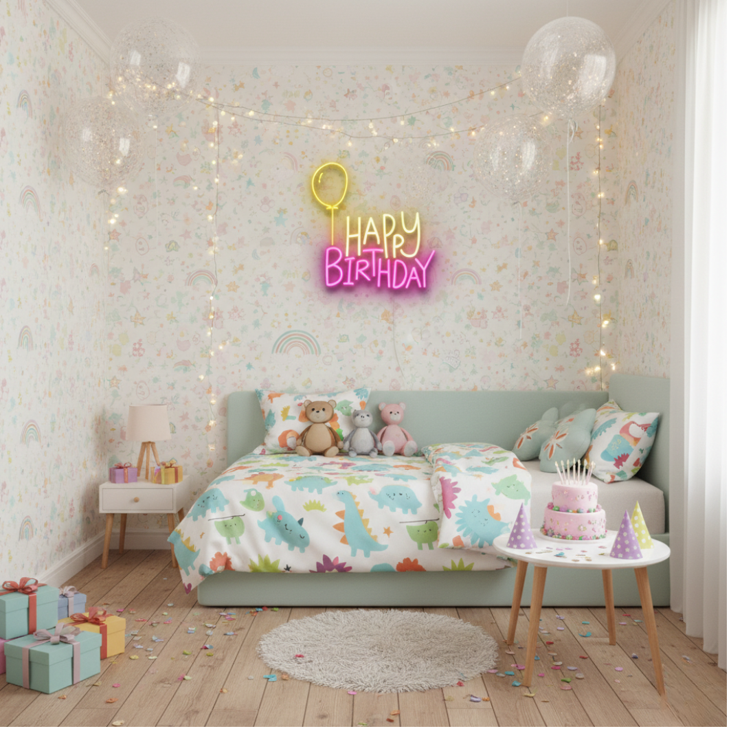 Happy Birthday LED neon sign by Neon.Shop glowing on a wall as bright and festive birthday party décor