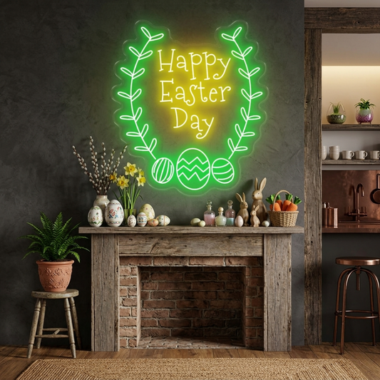 Happy Easter Day LED neon sign glowing on wall with vibrant lettering for home decor, Easter parties, and shop displays by Neon.Shop.
