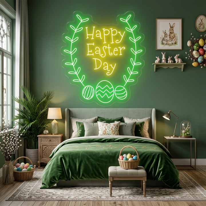 Happy Easter Day LED neon sign glowing on wall with vibrant lettering for home decor, Easter parties, and shop displays by Neon.Shop.
