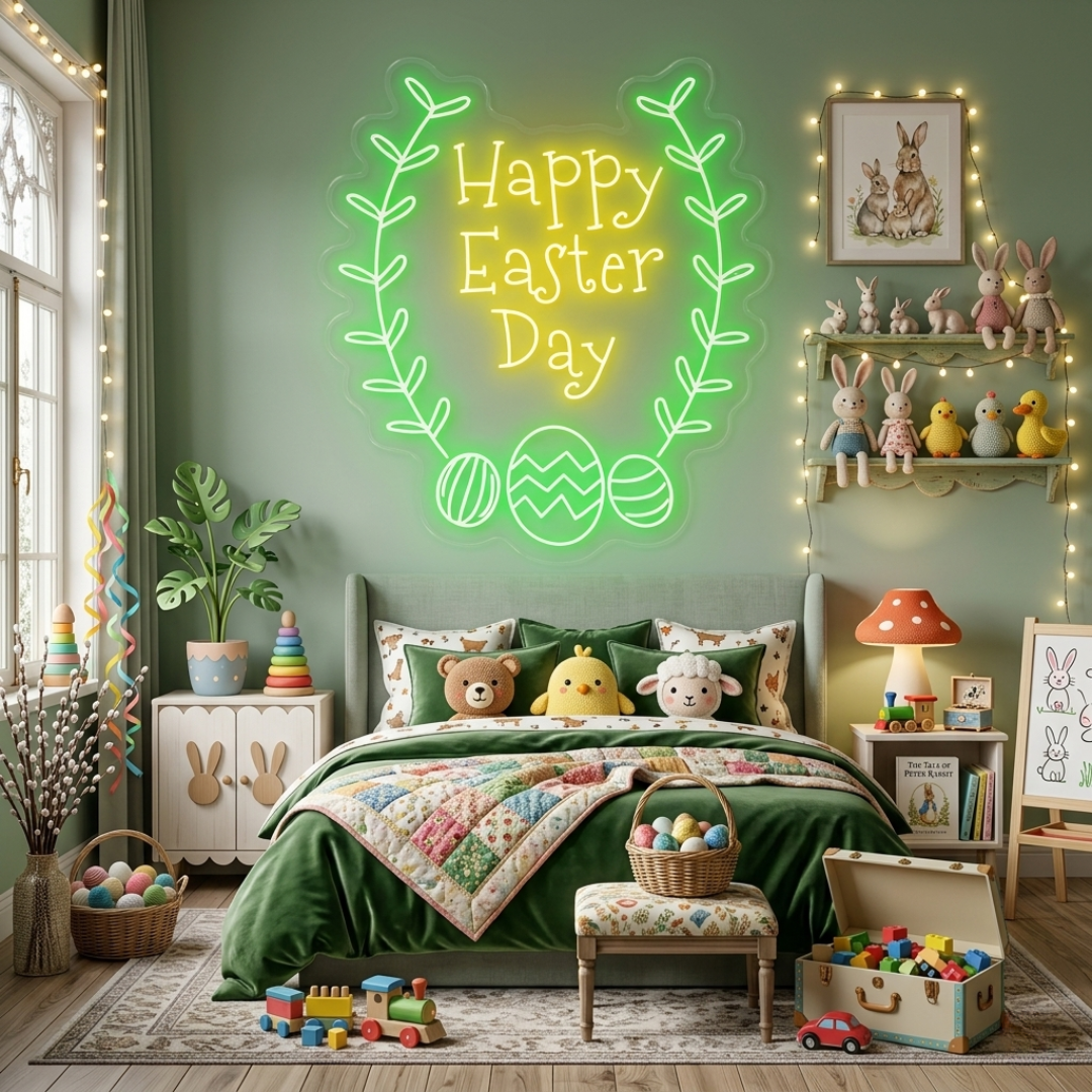 Happy Easter Day LED neon sign glowing on wall with vibrant lettering for home decor, Easter parties, and shop displays by Neon.Shop.
