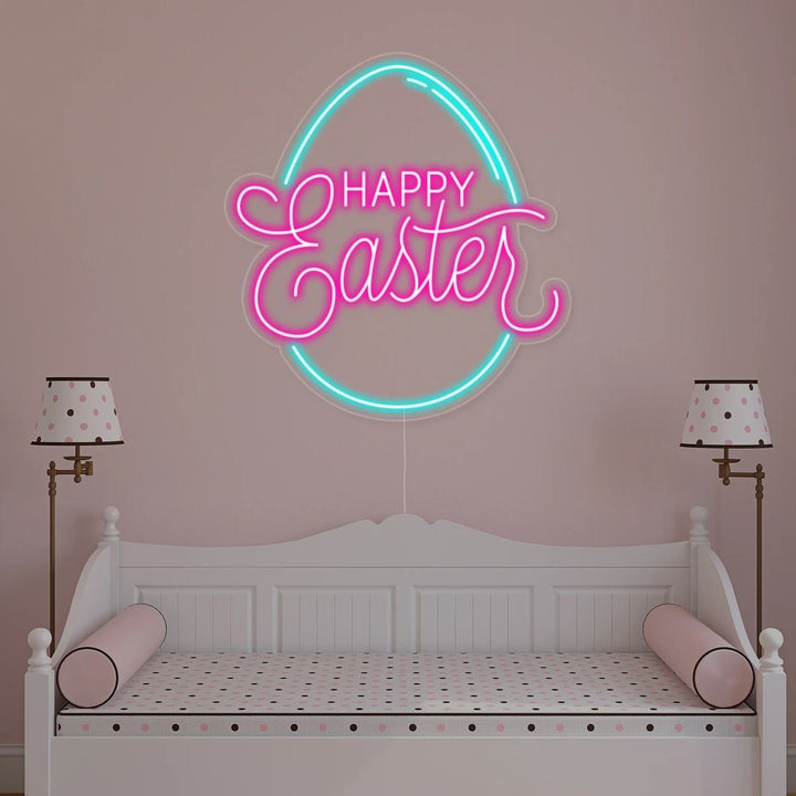 Happy Easter Egg LED neon sign glowing on wall by Neon.Shop
