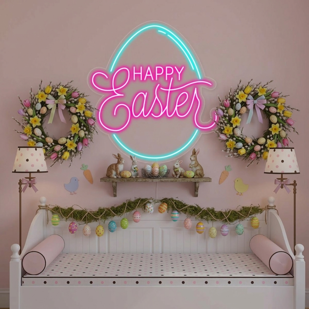 Happy Easter Egg LED neon sign glowing on wall by Neon.Shop