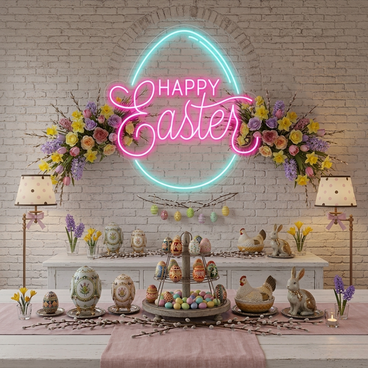 Happy Easter Egg LED neon sign glowing on wall by Neon.Shop