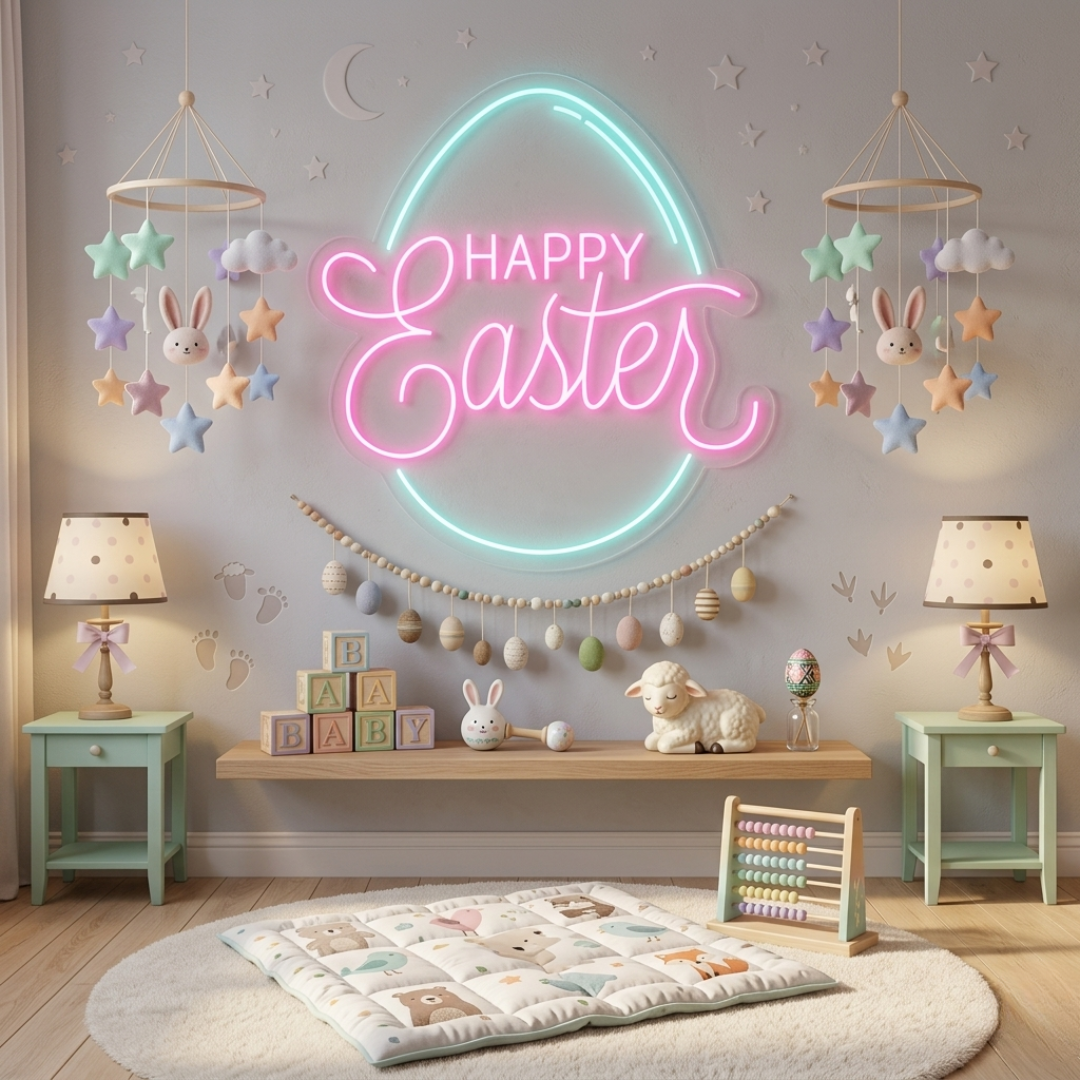 Happy Easter Egg LED neon sign glowing on wall by Neon.Shop